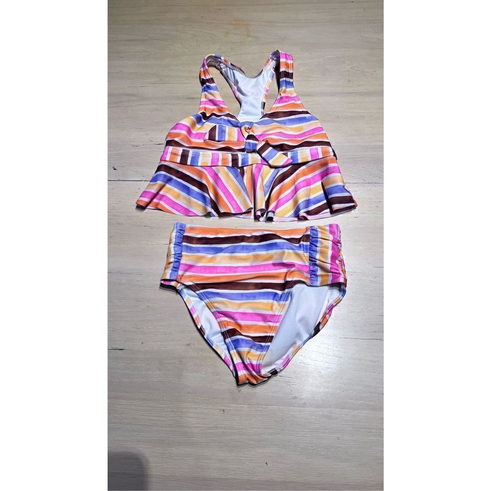 Wonder Nation Girls Striped Two-Piece Tankini Swim Set Multi-Color Size Medium - Picture 2 of 7